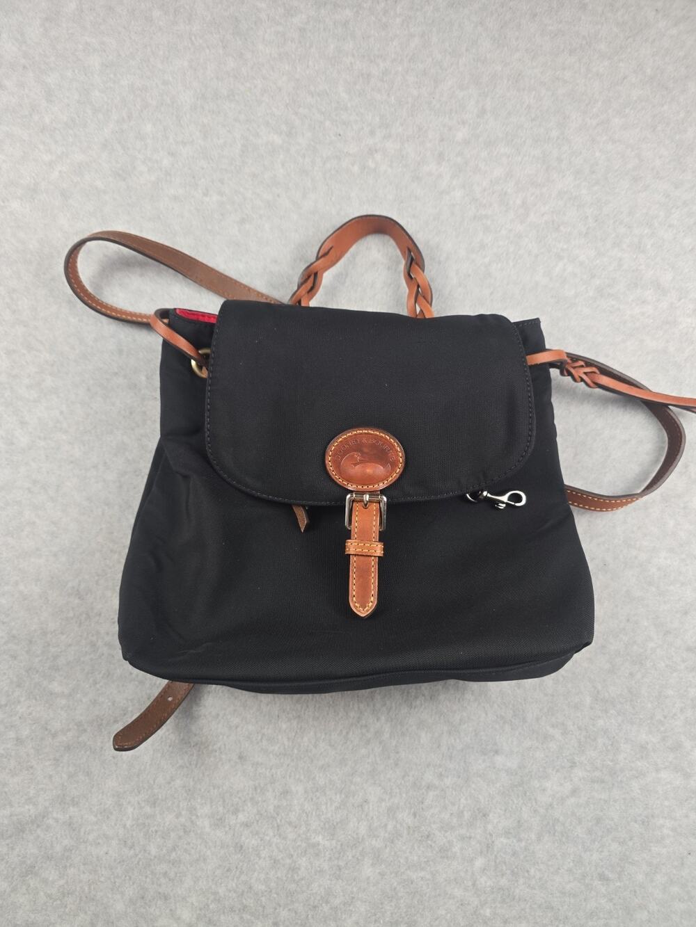 Dooney Bourke Vintage Black Nylon Backpack Leather Trim Braided Handle Bag